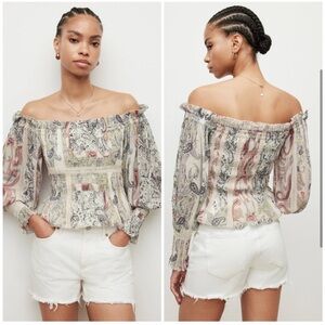 Allsaints Lara Makutu Off-The-Shoulder white‎ paisley Top Sz 6 All Saints